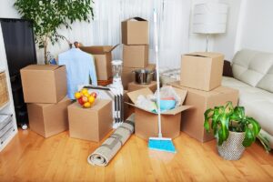moving boxes in new house.